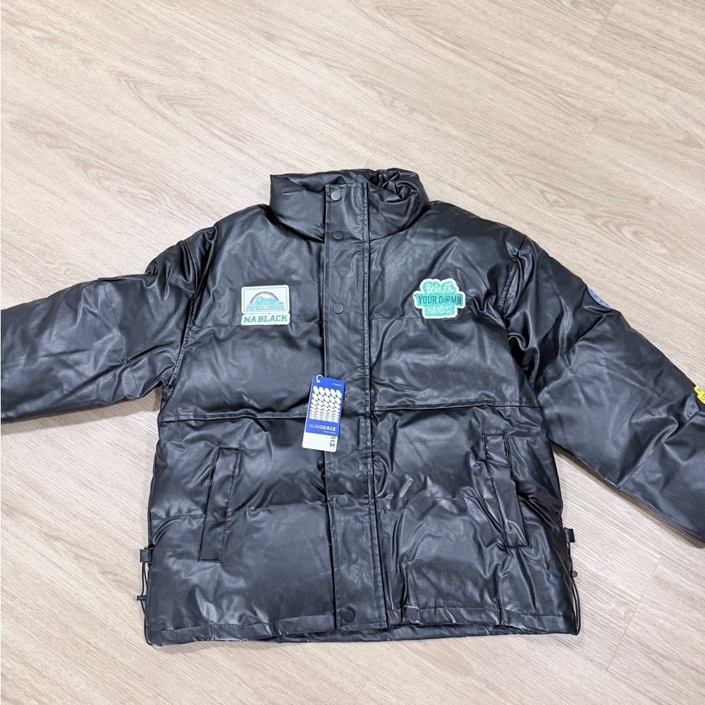 Black badged leather puffer jacket